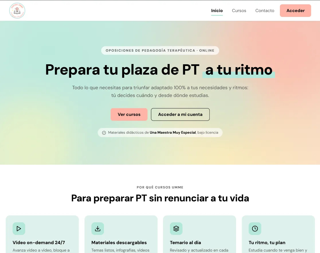 Captura de la plataforma de Cursos Umme: preparación de oposiciones de PT online